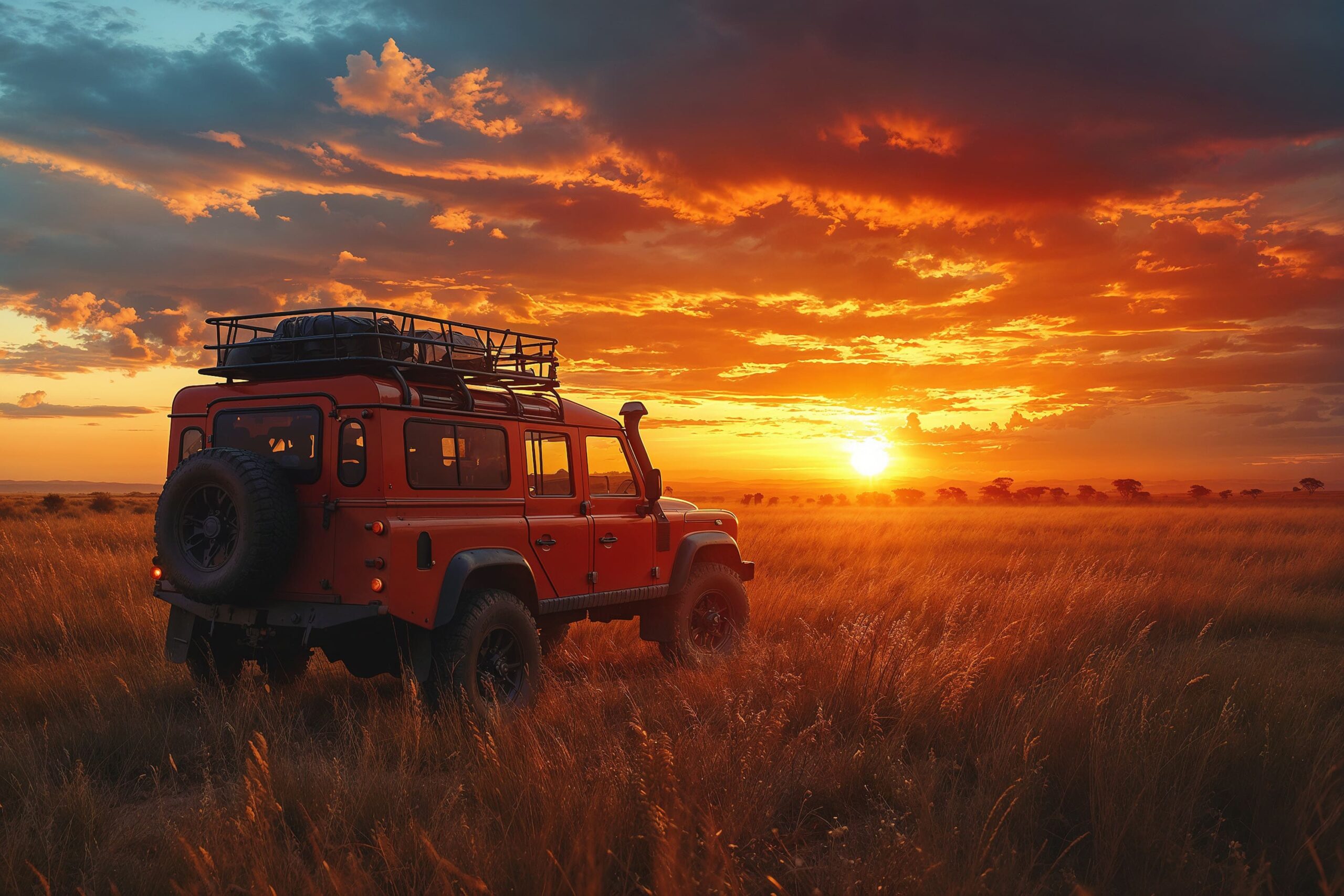 A stationary, red crossroad car taking in the sunrise during a Kruger Park game drive