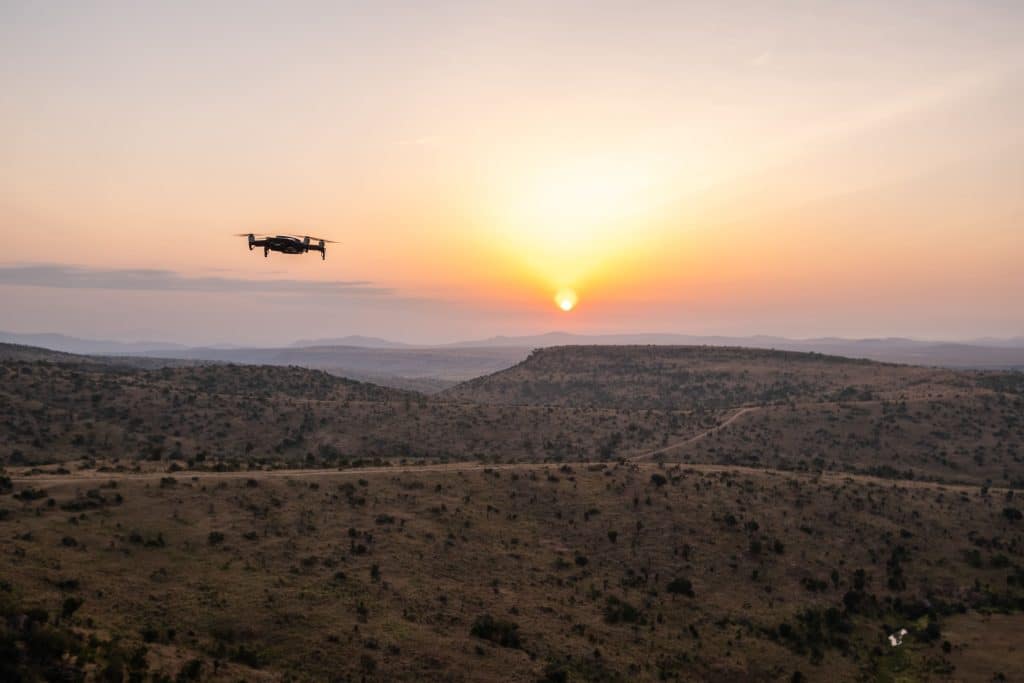 Drone flying in the Kruger National Park at sunset