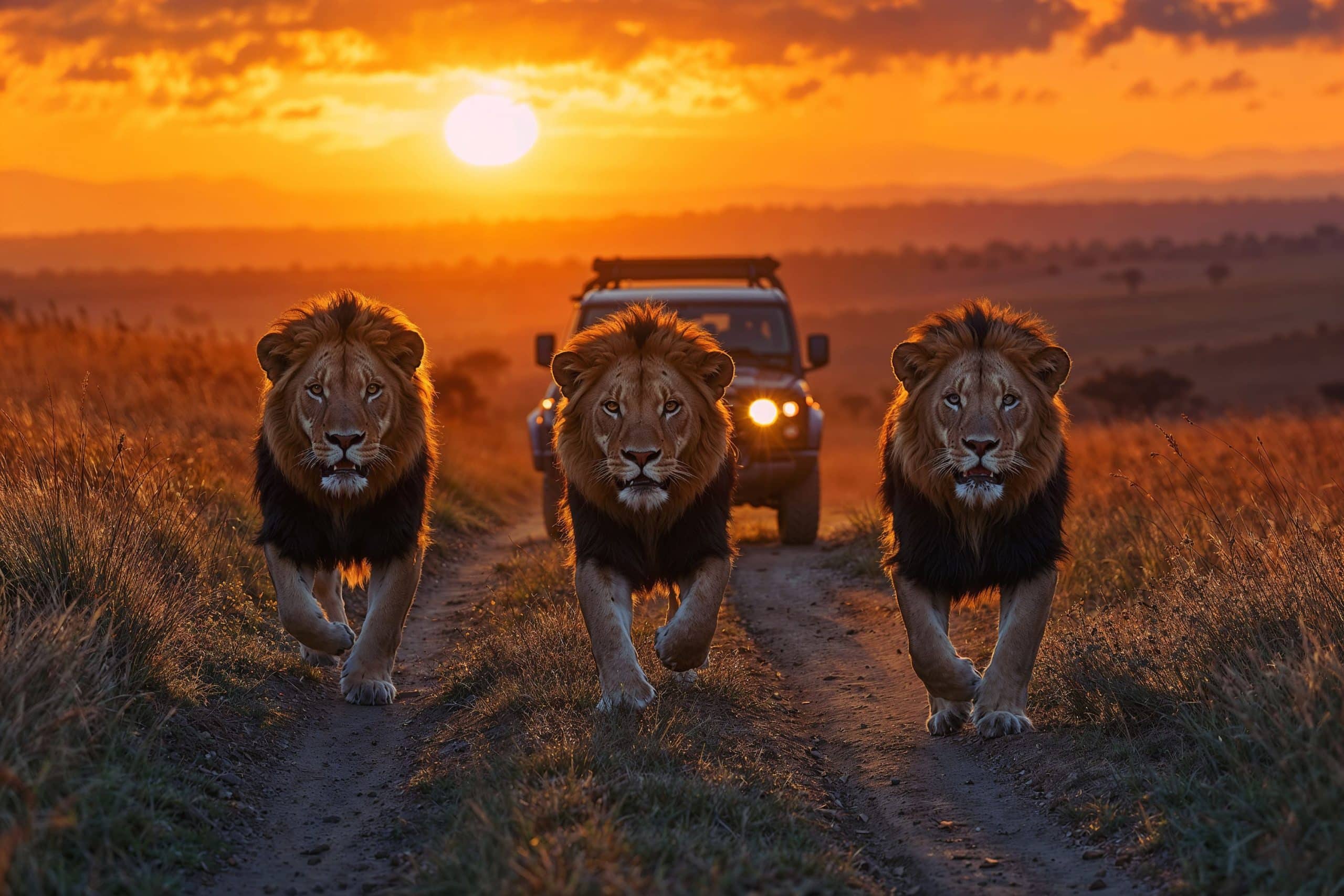 Three male lions walking on a dirt road at sunset during a game drive on the Best Safari in Africa