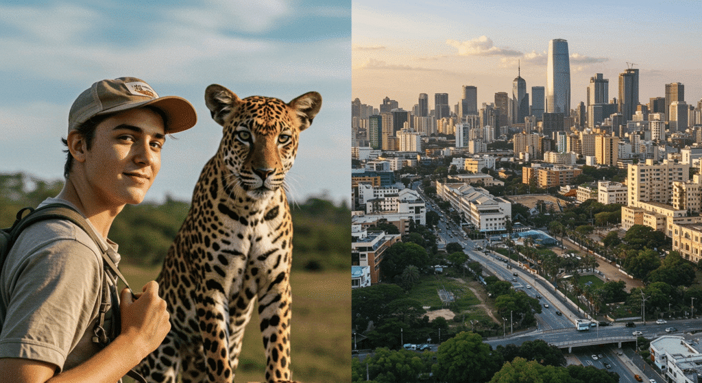 An image comparing safari vs city break: A young man sitting with a leopard vs. an aerial shot of a city