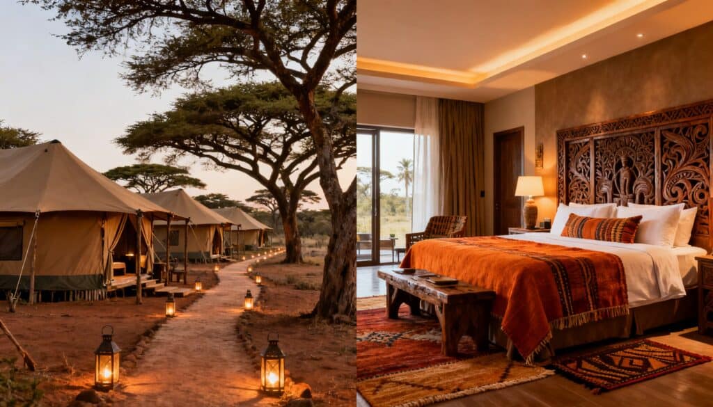 A side-by-side comparison of a camp site and luxury hotel suite for Kruger Gate Hotel vs. Skukuza Rest Camp