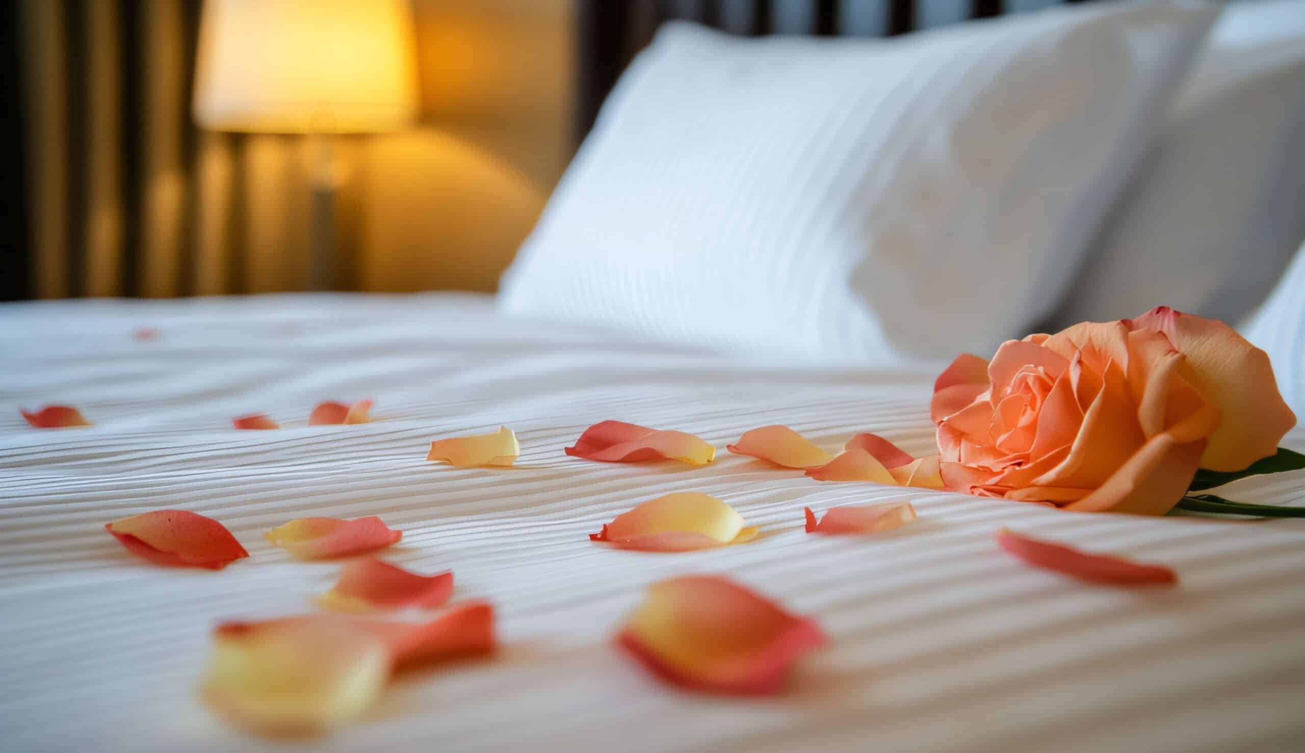 A closeup of a cosy hotel bed decorated with pink rose petals to be expected on a Kruger luxury safari