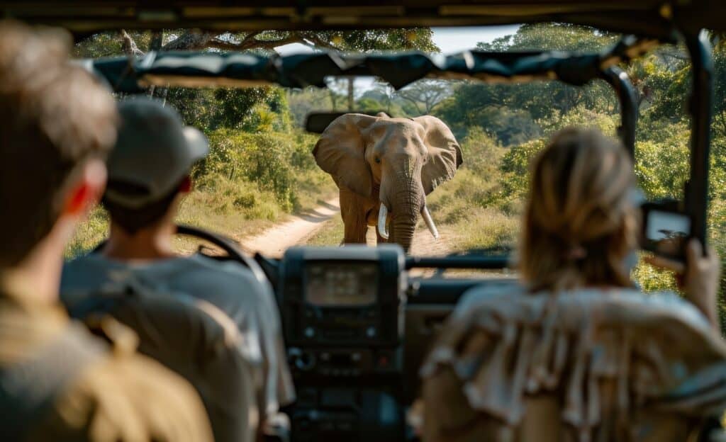 A group watching an elephant on safari after observing kruger gate times