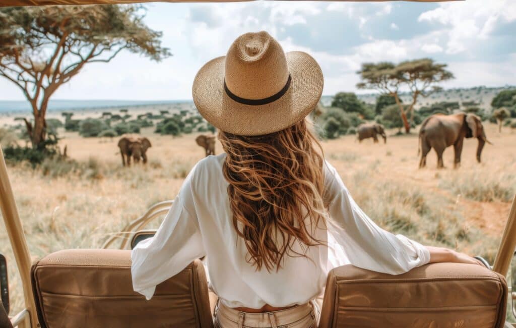 A lady in a hat looking out to a herd of elephants from an offroad vehicle while enjoying Kruger National Park safari packages