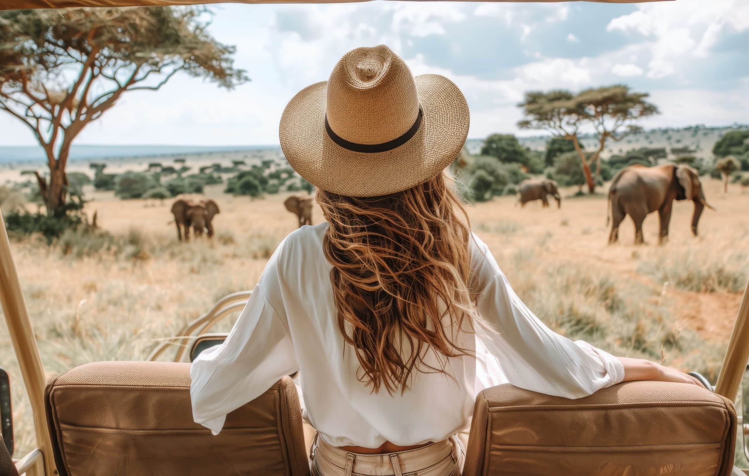 A lady in a hat looking out to a herd of elephants from an offroad vehicle while enjoying Kruger National Park safari packages
